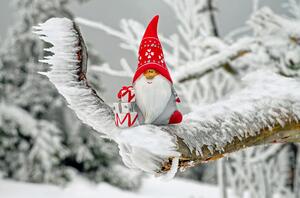 Weihnachtsmannfigur mit Geschenkpaketen auf schneebedecktem Ast.